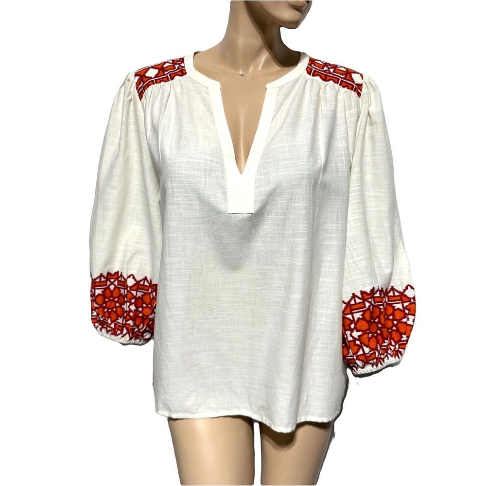 KNOX ROSE Women’s Peasant Top Boho Size XL Cream Split Neck Balloon Sleeve NWT